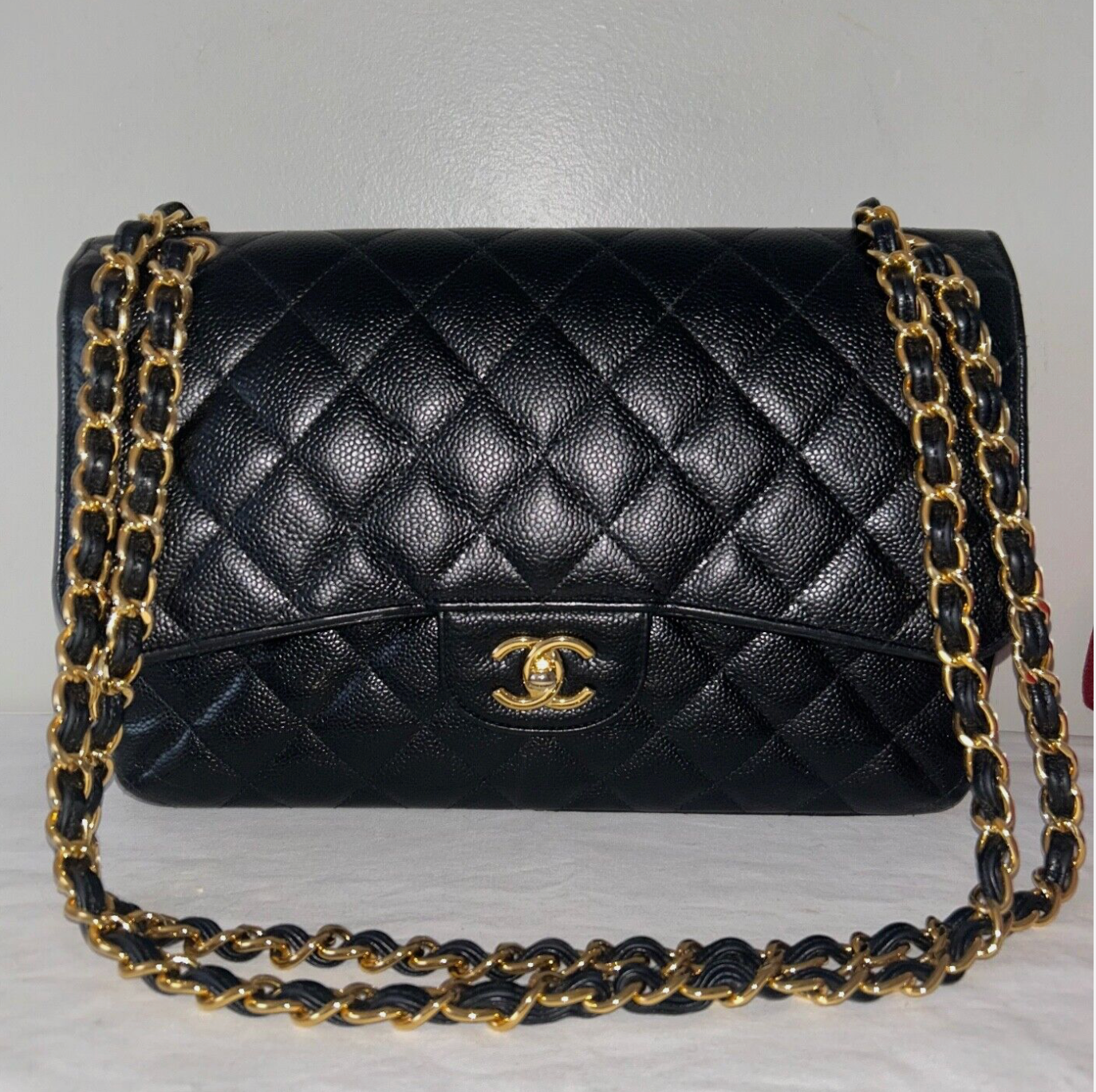 CHANEL Classic Jumbo Double Flap Caviar Leather Handbag Black/Gold