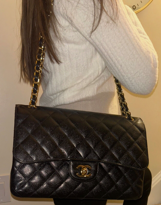 CHANEL Classic Jumbo Double Flap Caviar Leather Handbag Black/Gold