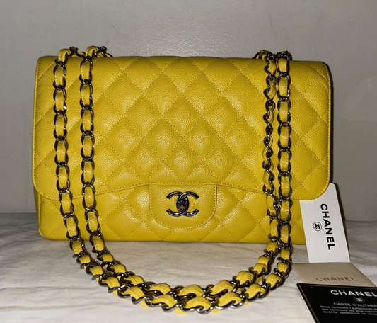 CHANEL Classic Jumbo Single Flap Caviar Leather Handbag Yellow