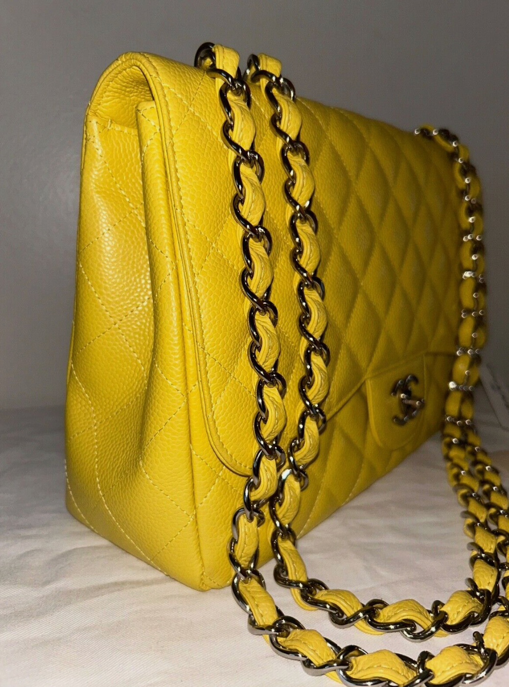 CHANEL Classic Jumbo Single Flap Caviar Leather Handbag Yellow