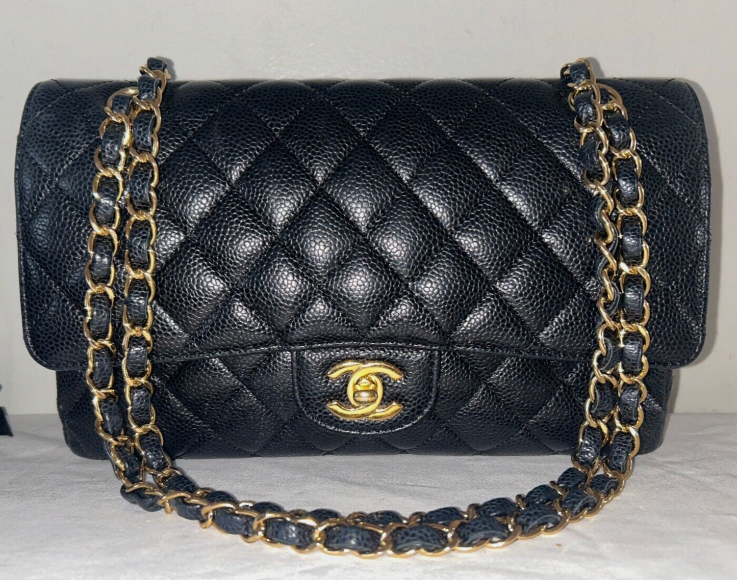 CHANEL Classic Medium Double Flap Caviar Leather Handbag Black/Gold