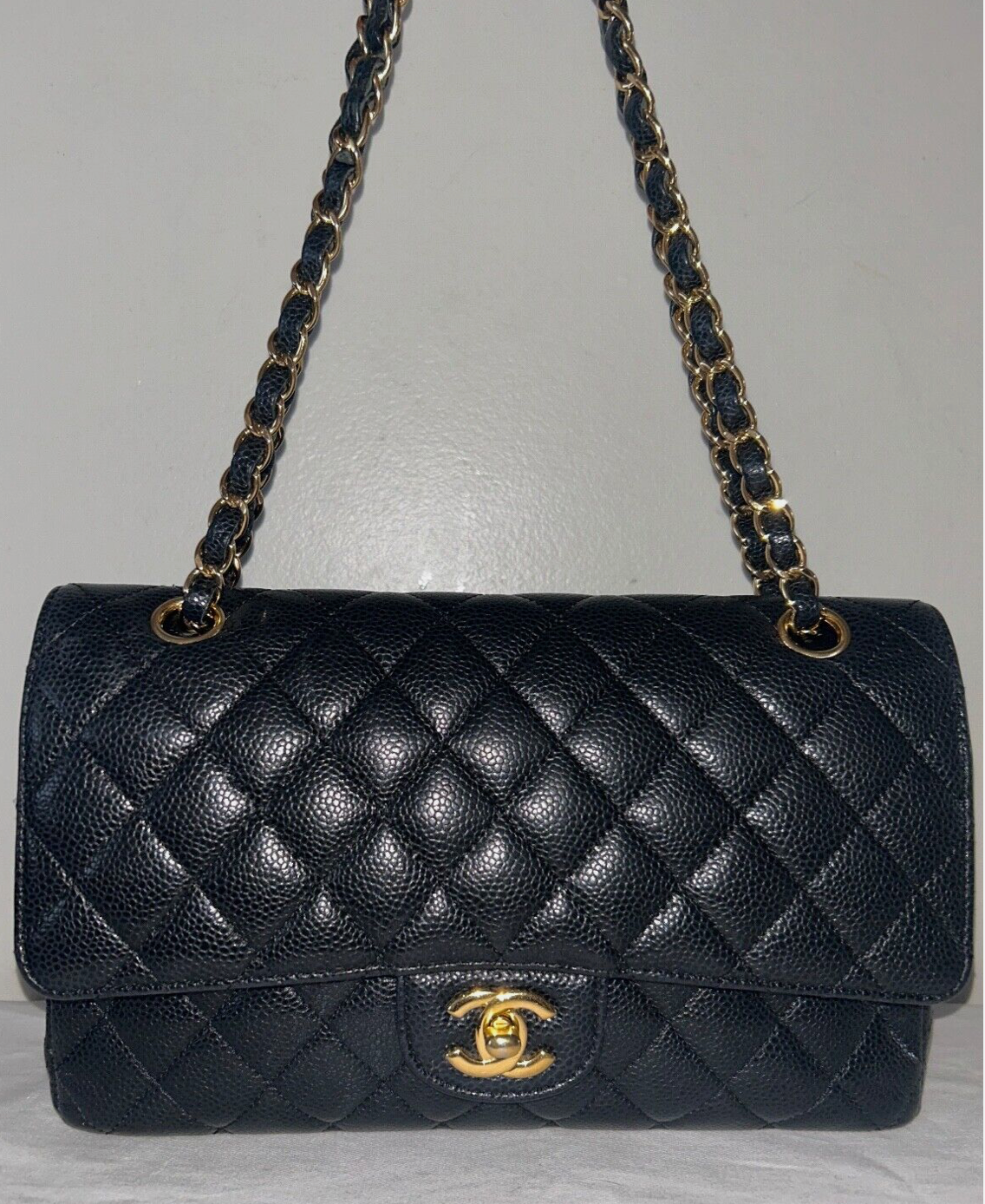 CHANEL Classic Medium Double Flap Caviar Leather Handbag Black/Gold