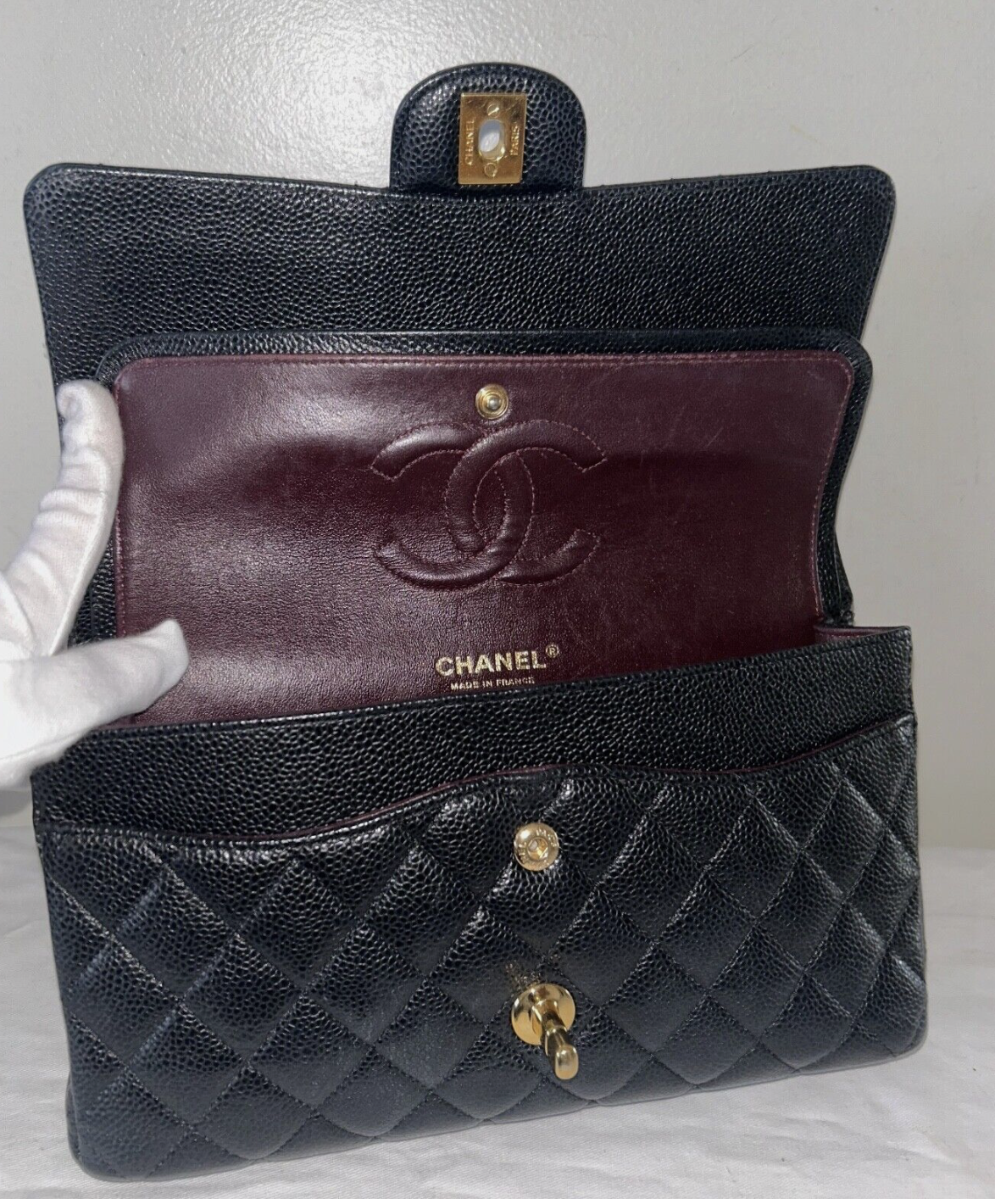 CHANEL Classic Medium Double Flap Caviar Leather Handbag Black/Gold