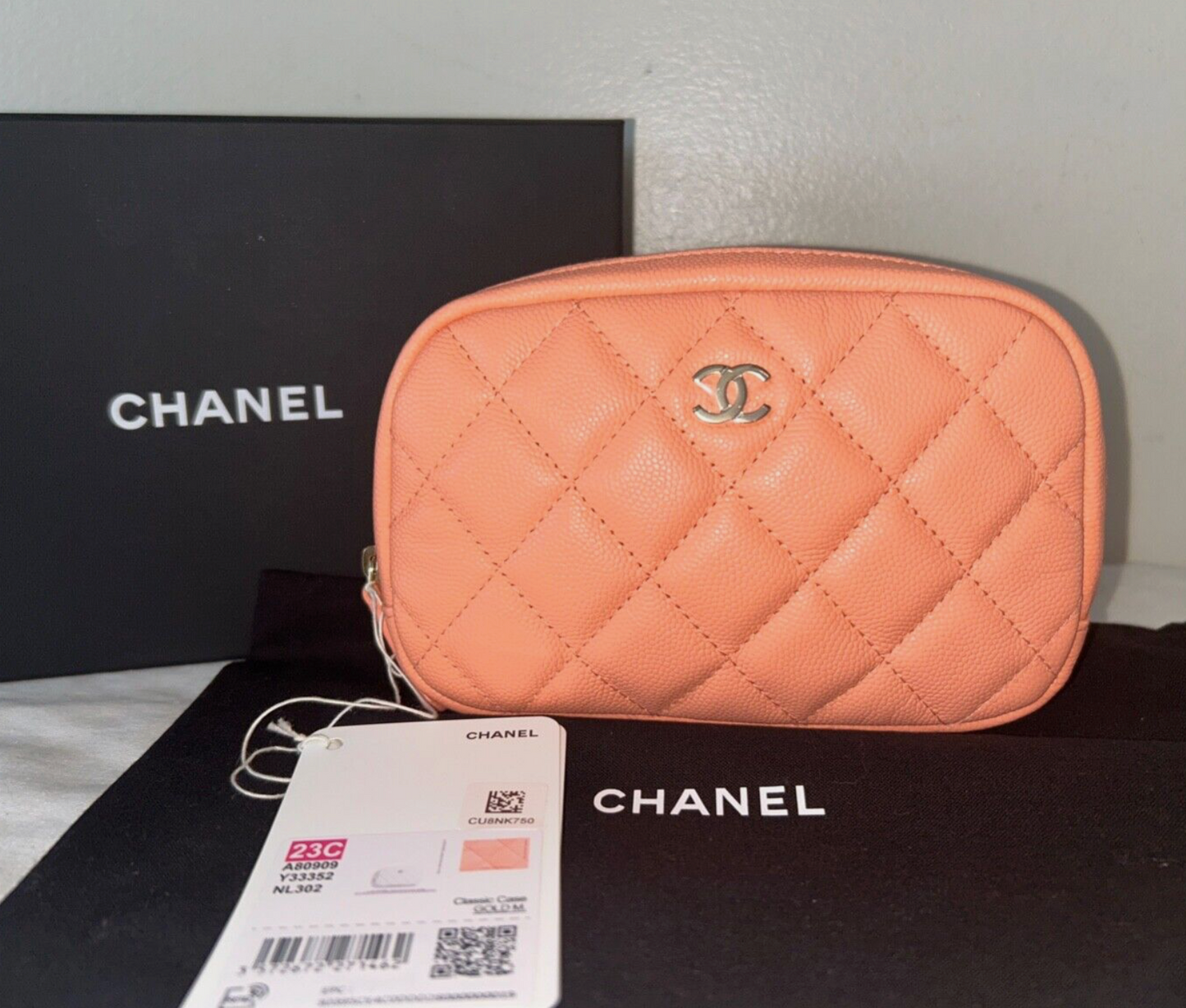 CHANEL 23C Curvy Zip Pouch Case Quilted Caviar Leather Pinky Peach