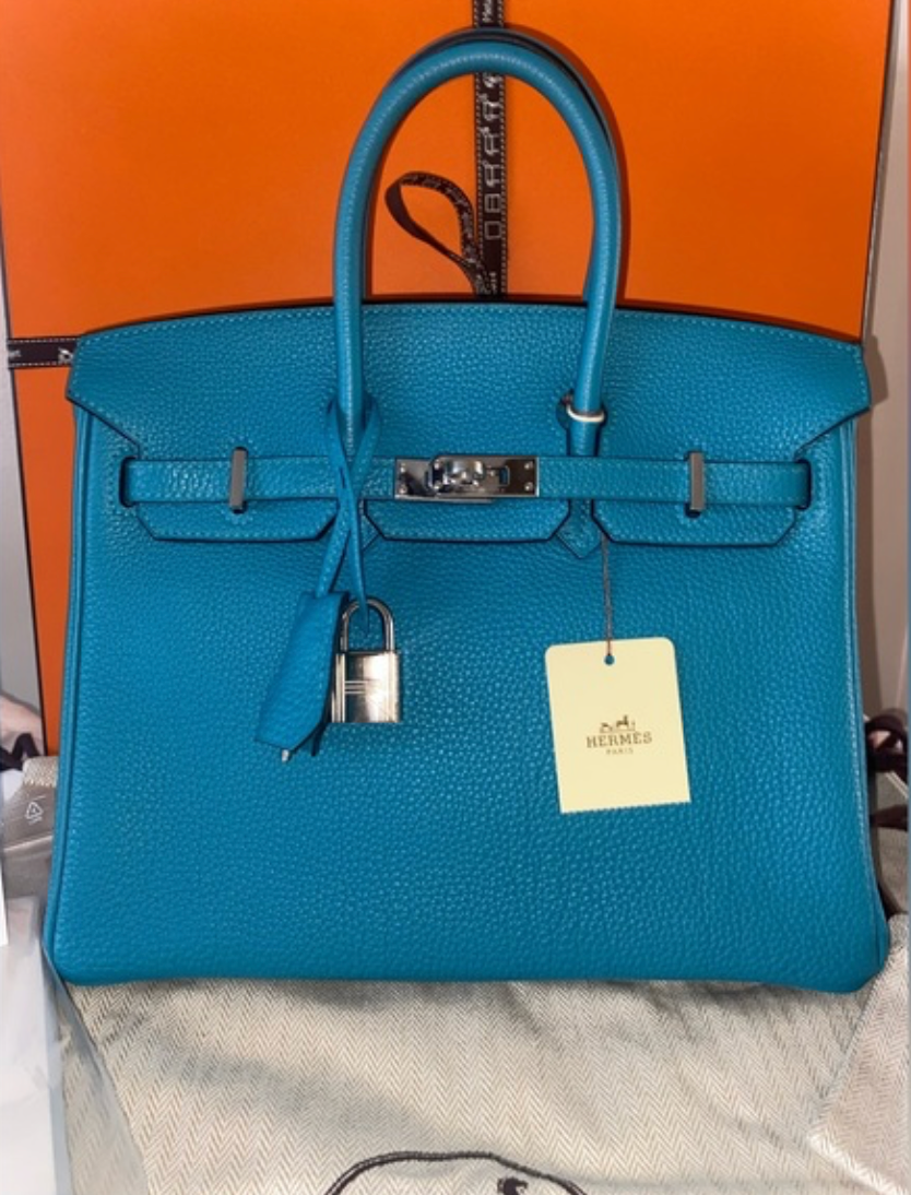 HERMÈS Birkin 25 Togo Turquoise Palladium Hardware Handbag