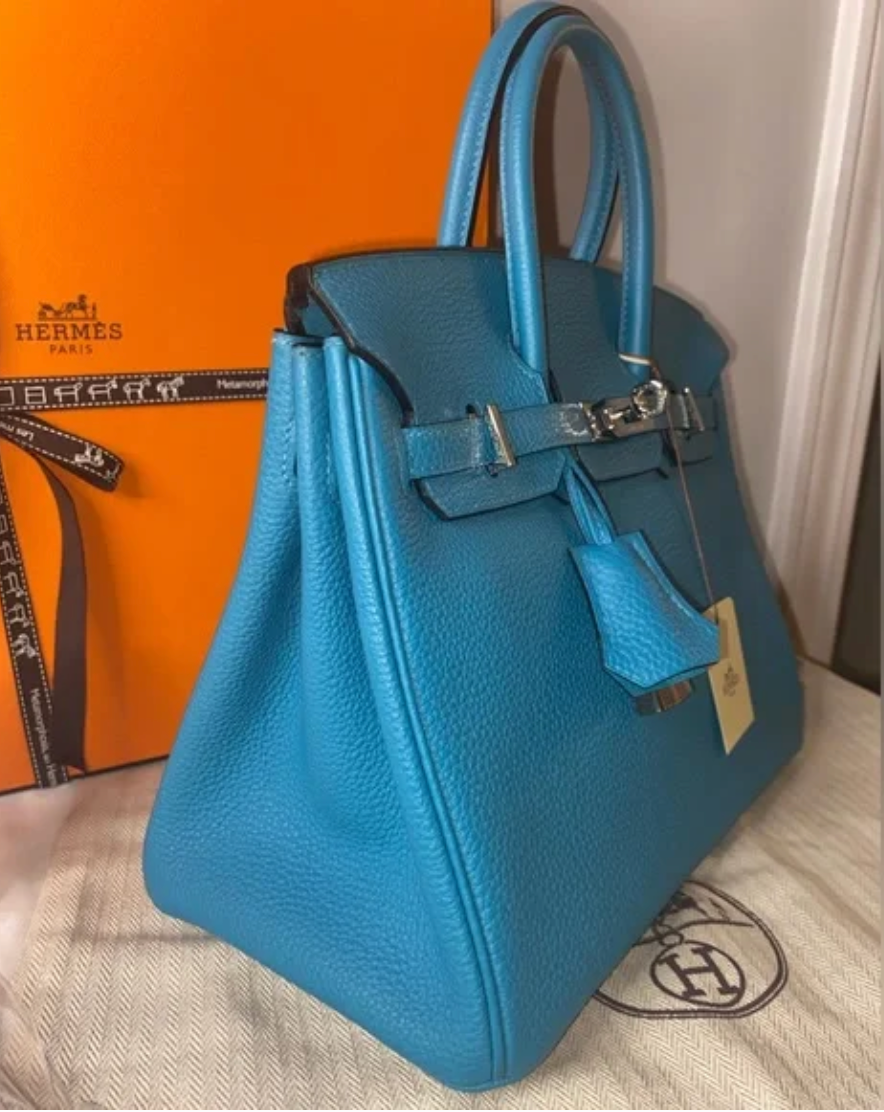 HERMÈS Birkin 25 Togo Turquoise Palladium Hardware Handbag