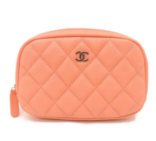 CHANEL 23C Curvy Zip Pouch Case Quilted Caviar Leather Pinky Peach