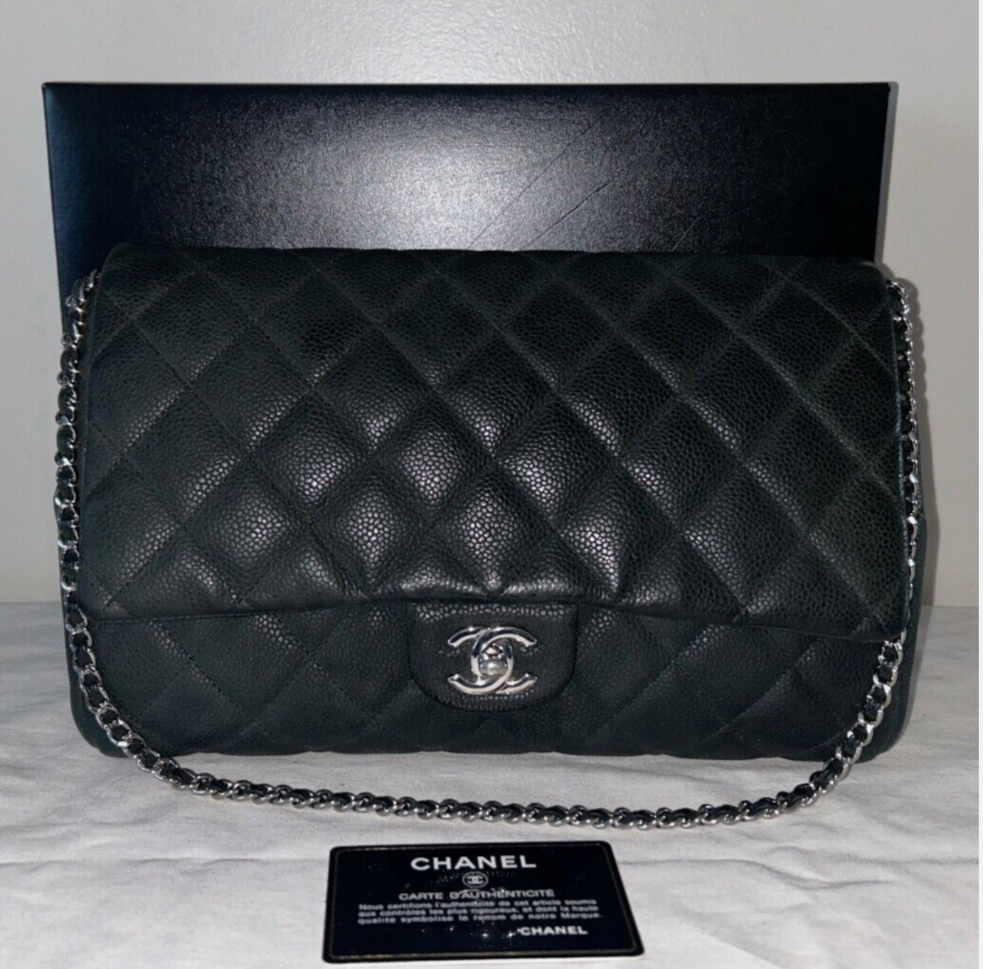 CHANEL Classic CC Quilted Single Flap Shoulder Bag Caviar Leather Black