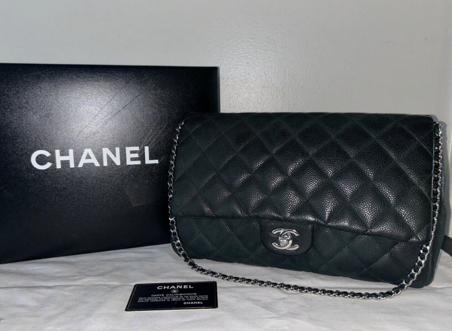 CHANEL Classic CC Quilted Single Flap Shoulder Bag Caviar Leather Black