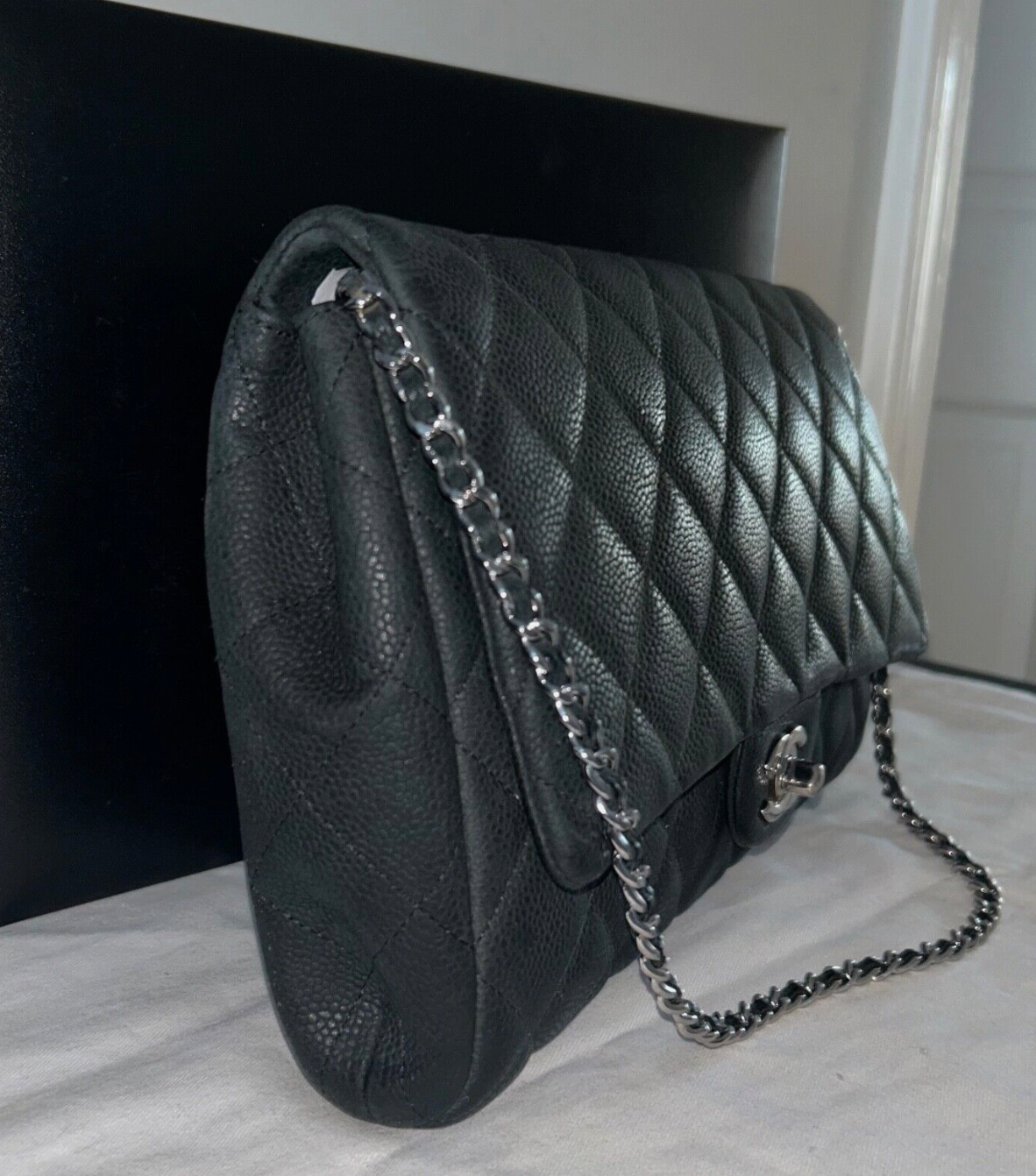 CHANEL Classic CC Quilted Single Flap Shoulder Bag Caviar Leather Black