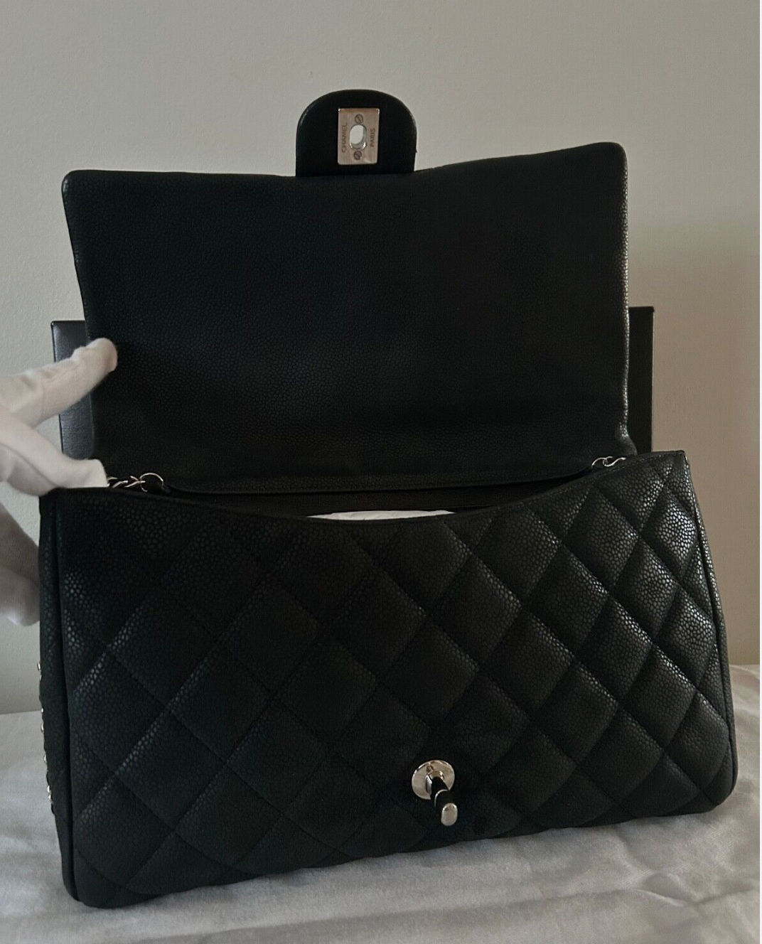 CHANEL Classic CC Quilted Single Flap Shoulder Bag Caviar Leather Black