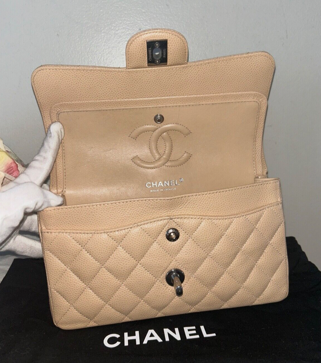 CHANEL Classic Small Double Flap Quilted Caviar Leather Handbag Beige Clair 2022