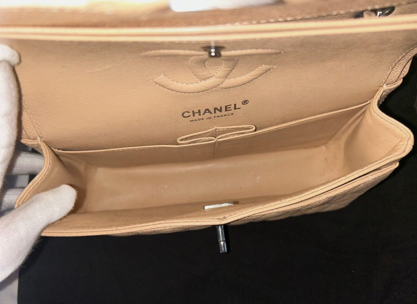 CHANEL Classic Small Double Flap Quilted Caviar Leather Handbag Beige Clair 2022