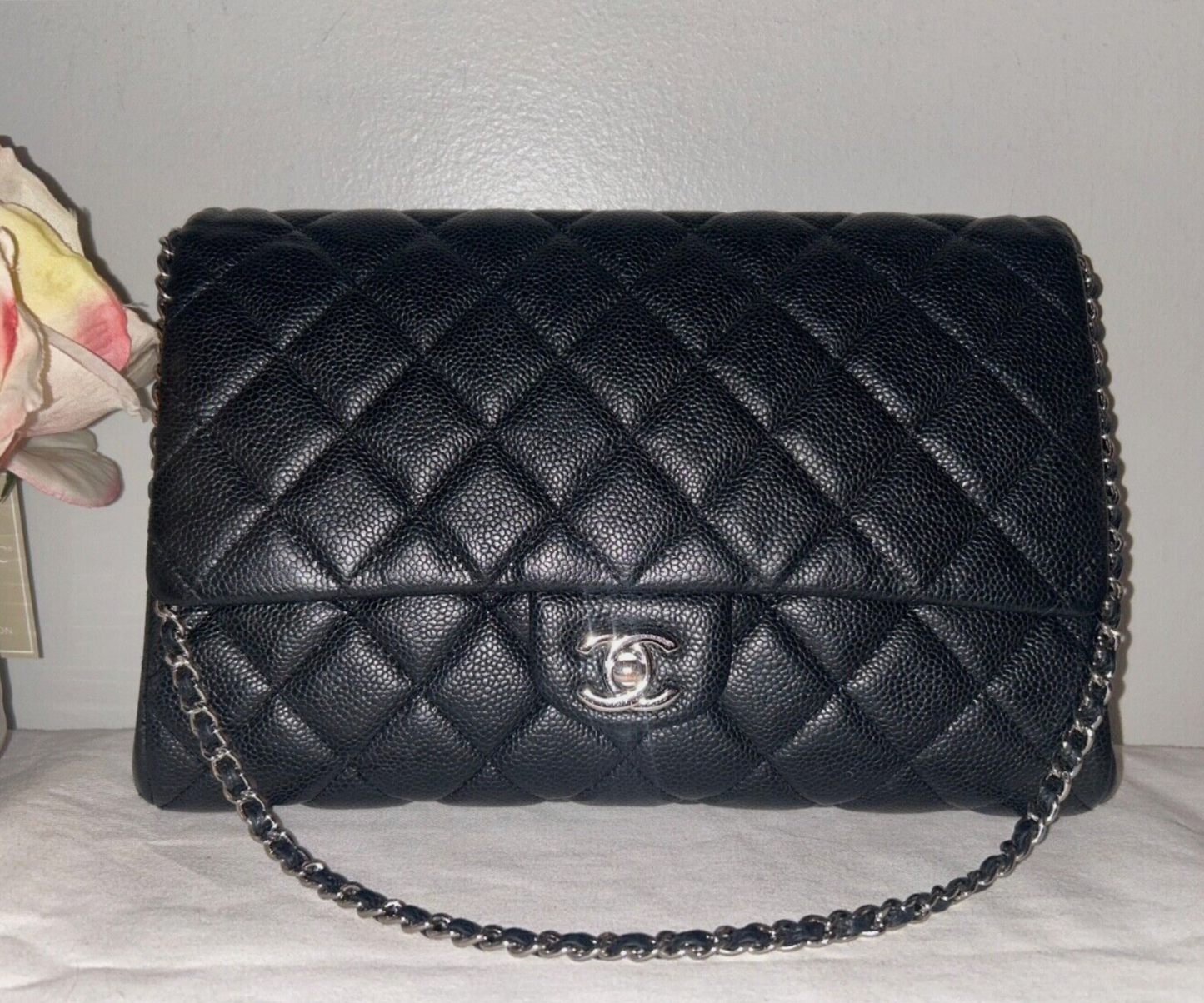 CHANEL Classic CC Quilted Single Flap Shoulder Bag Caviar Leather Black