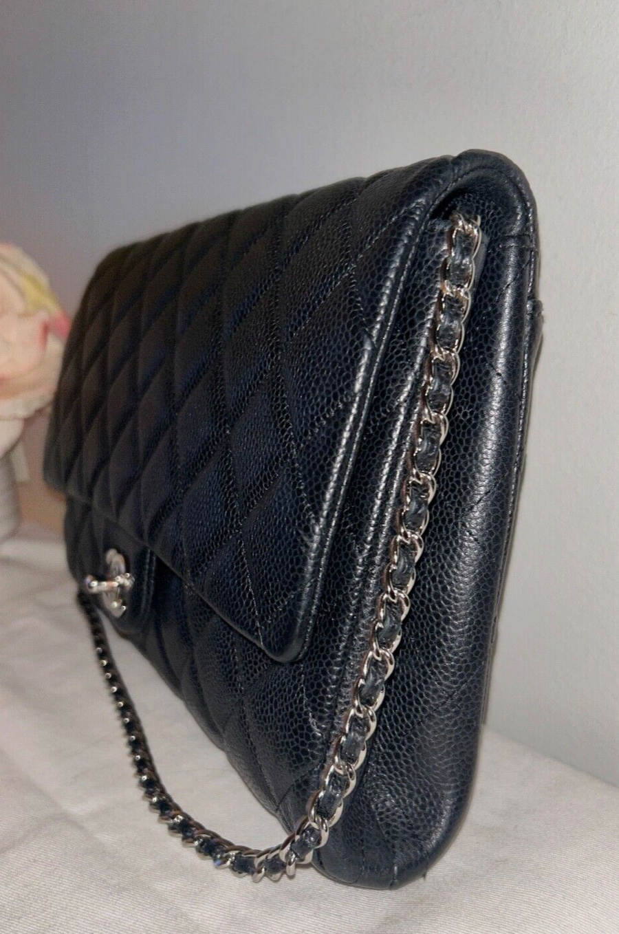 CHANEL Classic CC Quilted Single Flap Shoulder Bag Caviar Leather Black