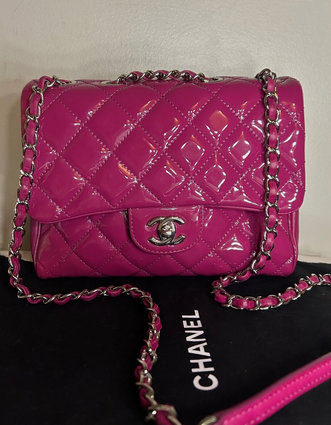 CHANEL Classic CC Crossbody Flap Bag Quilted Patent Leather Fuchsia Pink