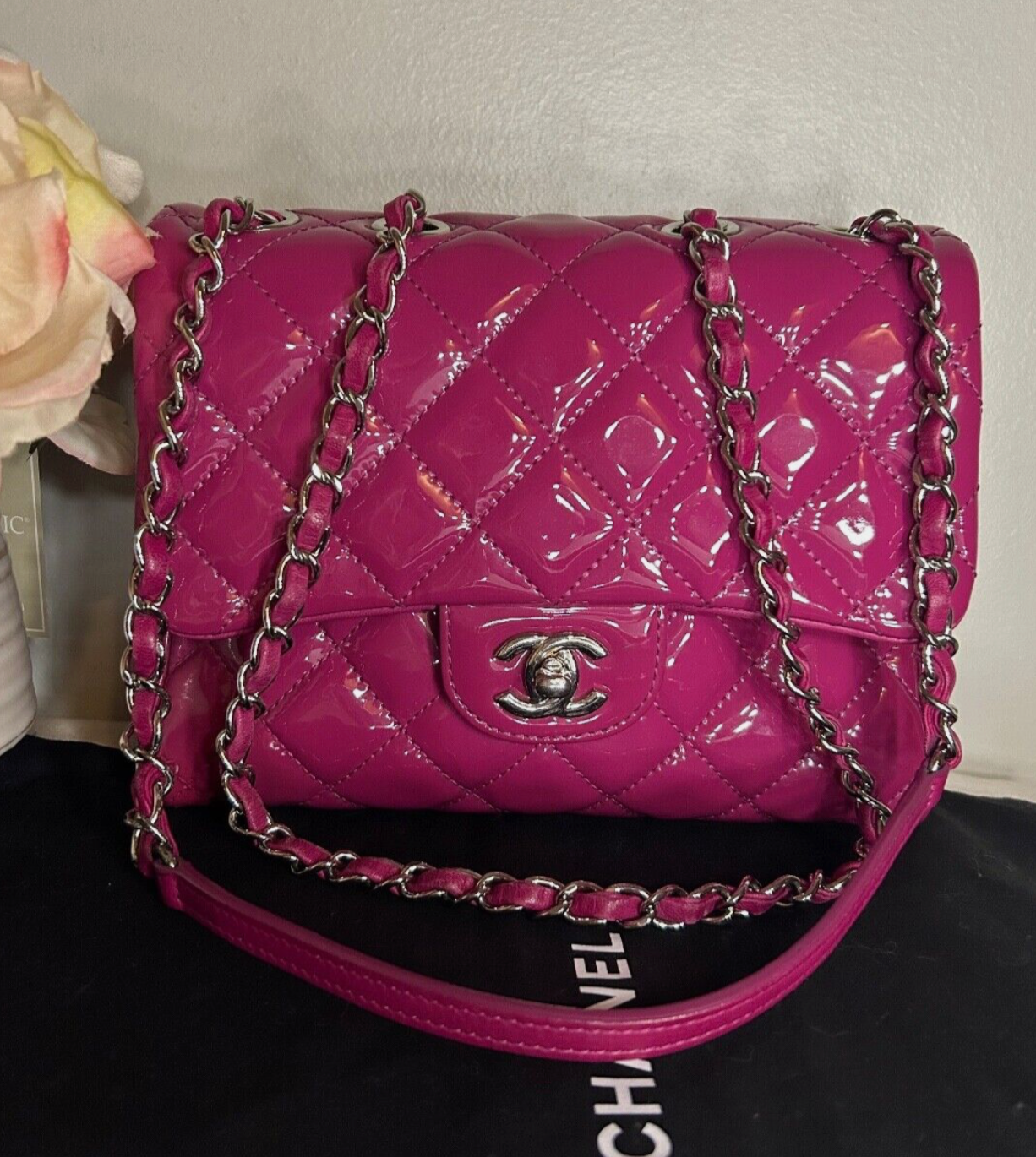 CHANEL Classic CC Crossbody Flap Bag Quilted Patent Leather Fuchsia Pink