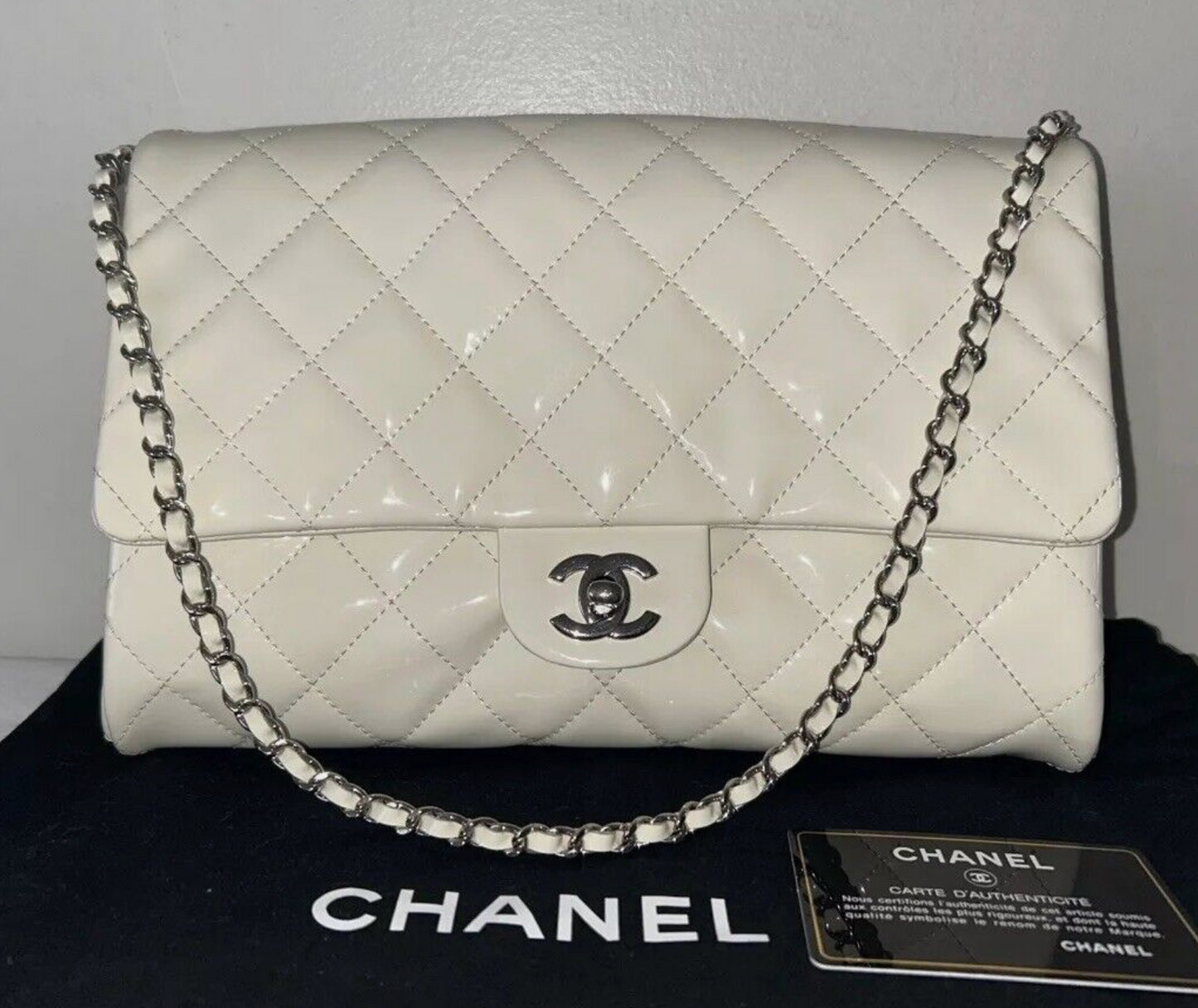 CHANEL Classic CC Quilted Flap Shoulder Bag Patent Leather Ivory White