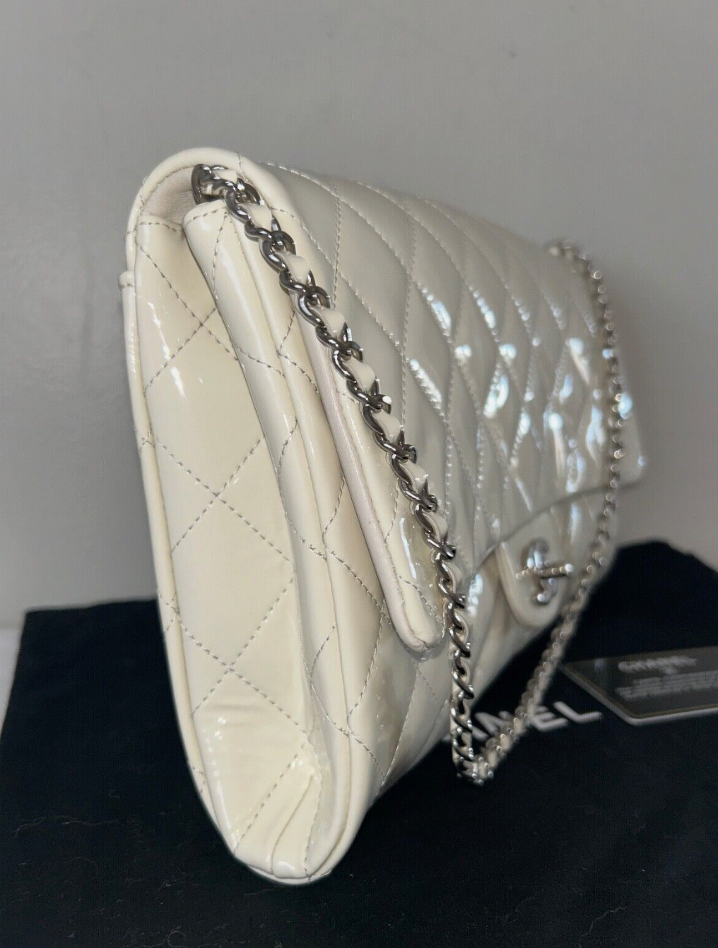 CHANEL Classic CC Quilted Flap Shoulder Bag Patent Leather Ivory White