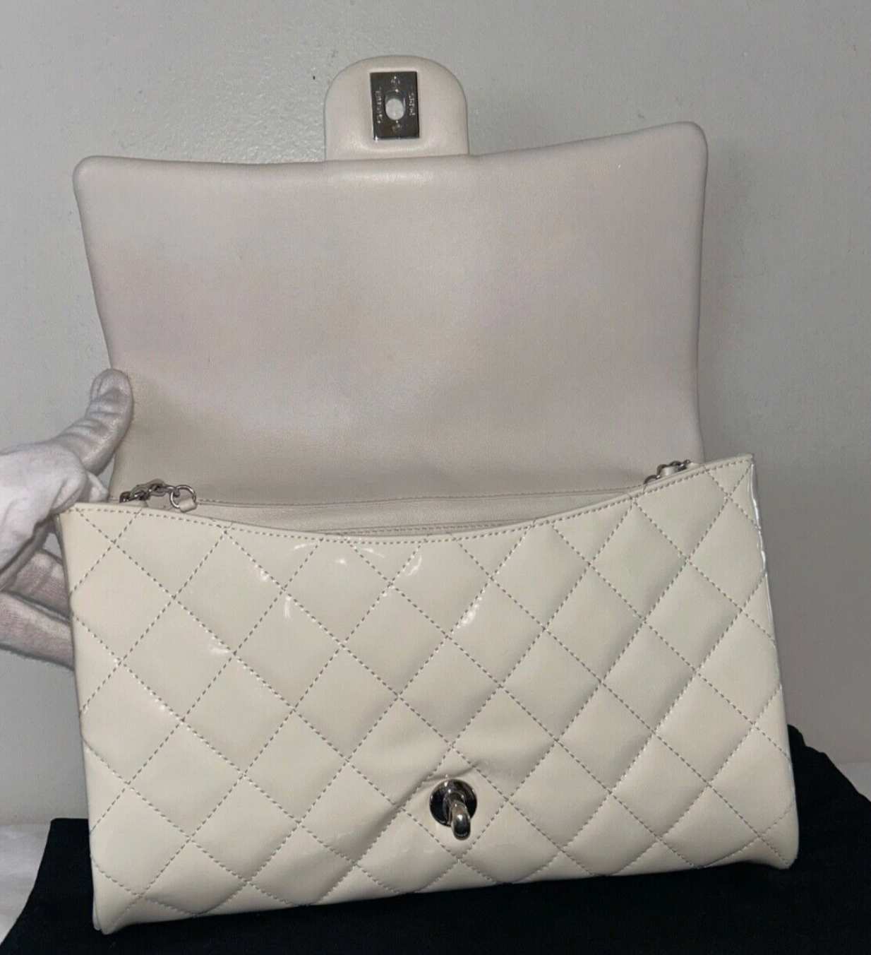 CHANEL Classic CC Quilted Flap Shoulder Bag Patent Leather Ivory White