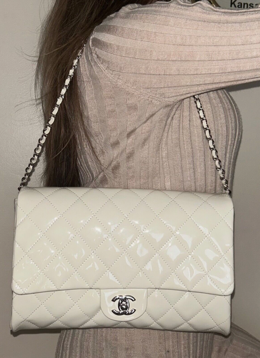 CHANEL Classic CC Quilted Flap Shoulder Bag Patent Leather Ivory White