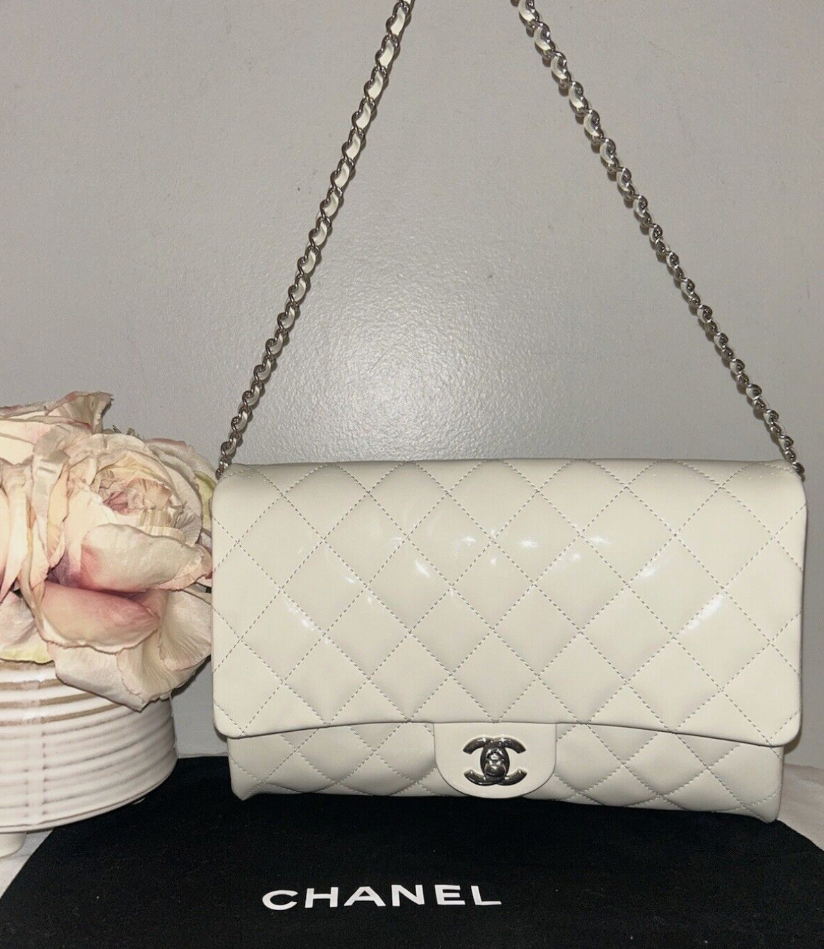 CHANEL Classic CC Quilted Flap Shoulder Bag Patent Leather Ivory White