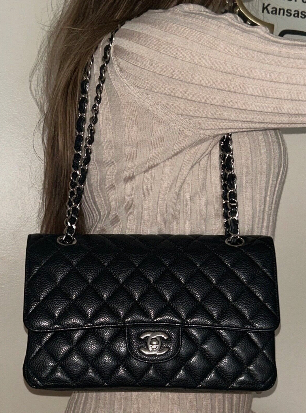 CHANEL Classic Medium Double Flap Quilted Caviar Leather Handbag Black