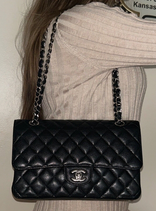 CHANEL Classic Medium Double Flap Quilted Caviar Leather Handbag Black