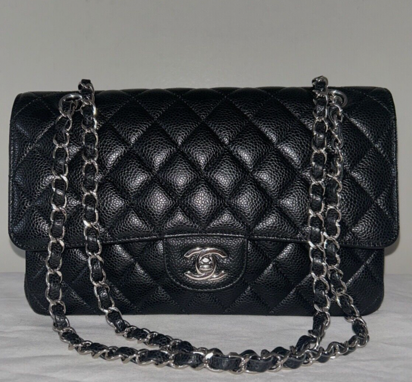 CHANEL Classic Medium Double Flap Quilted Caviar Leather Handbag Black