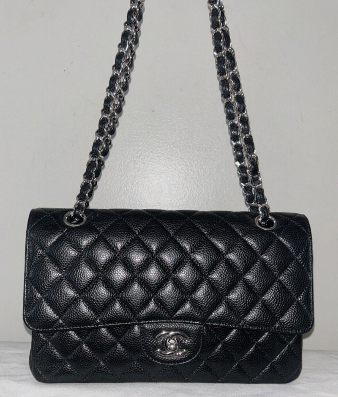 CHANEL Classic Medium Double Flap Quilted Caviar Leather Handbag Black