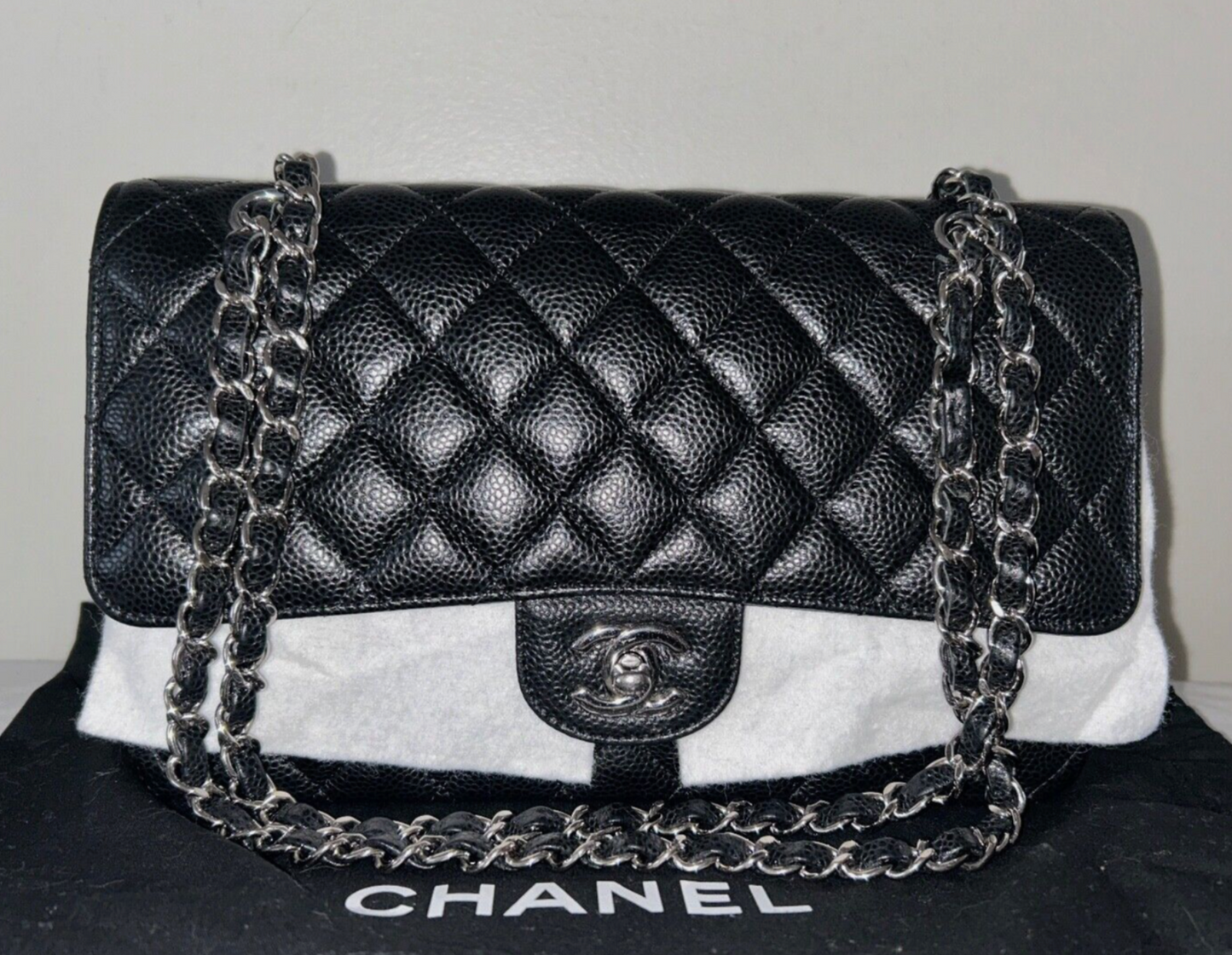 CHANEL Classic Medium Double Flap Quilted Caviar Leather Handbag Black