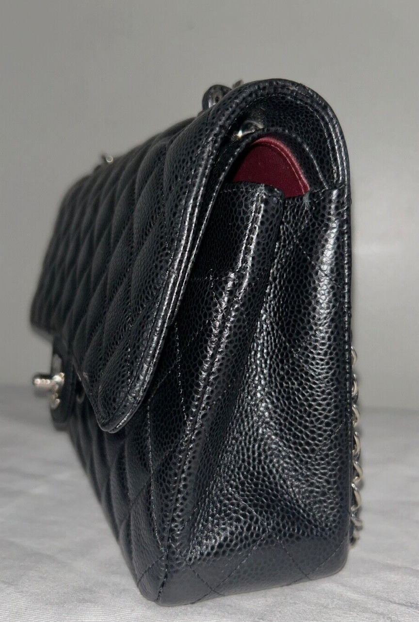 CHANEL Classic Medium Double Flap Quilted Caviar Leather Handbag Black