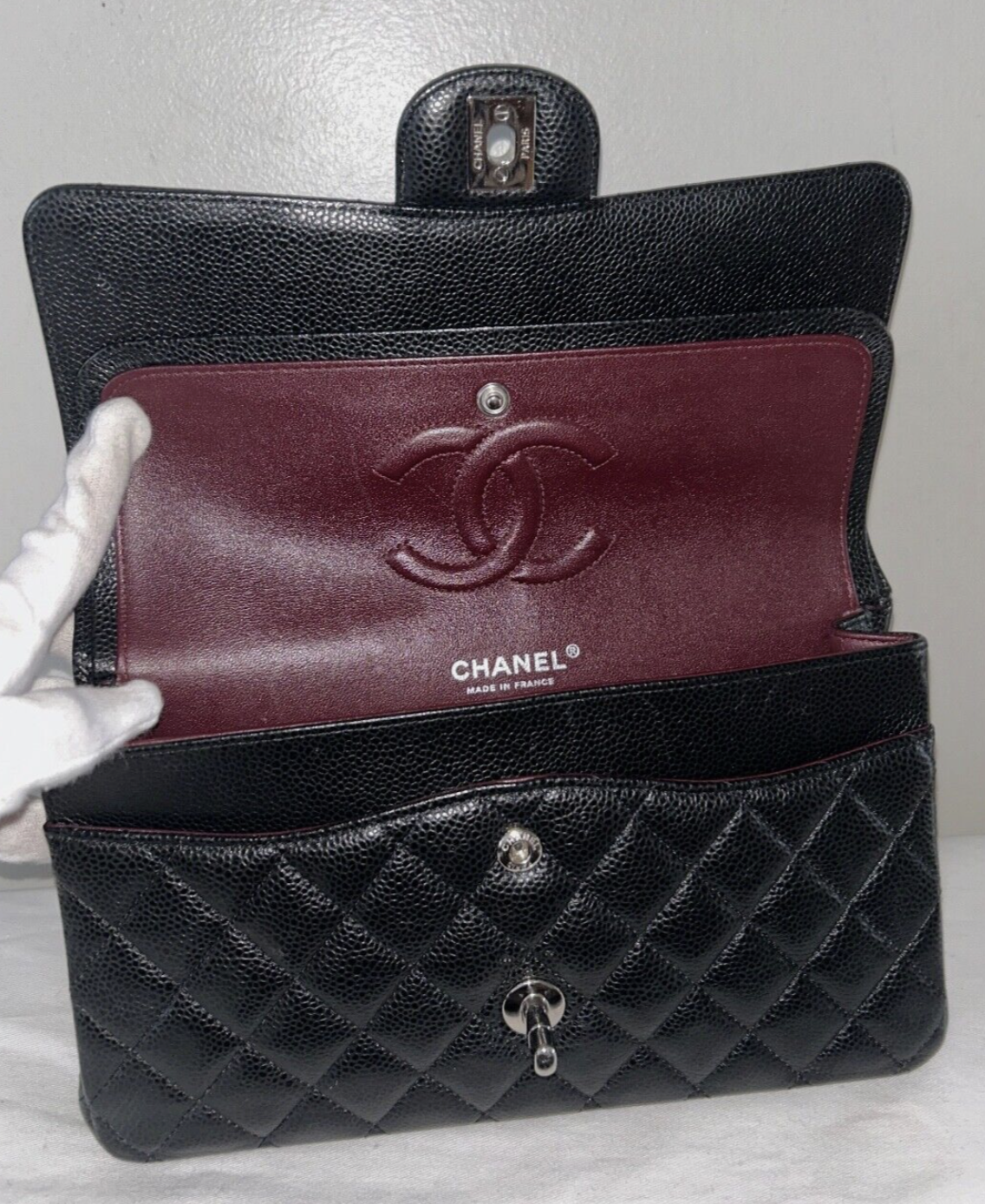 CHANEL Classic Medium Double Flap Quilted Caviar Leather Handbag Black