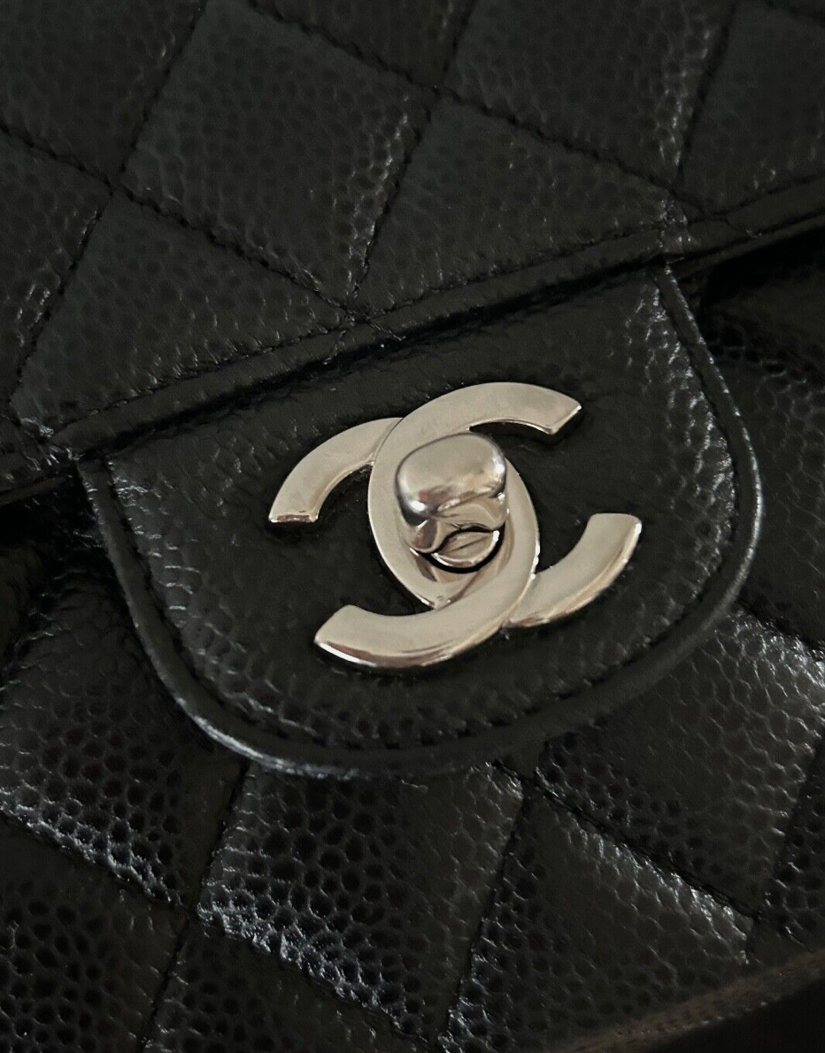 CHANEL Classic Medium Double Flap Quilted Caviar Leather Handbag Black