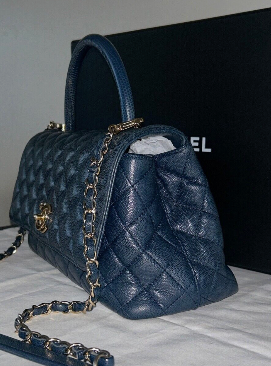 CHANEL 21A Quilted Caviar Coco Handle Flap Bag Lizard Embossed Navy/Gold HW