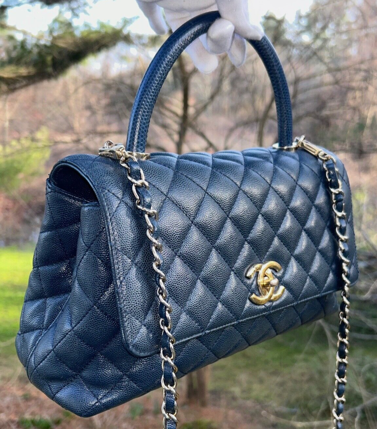 CHANEL 21A Quilted Caviar Coco Handle Flap Bag Lizard Embossed Navy/Gold HW