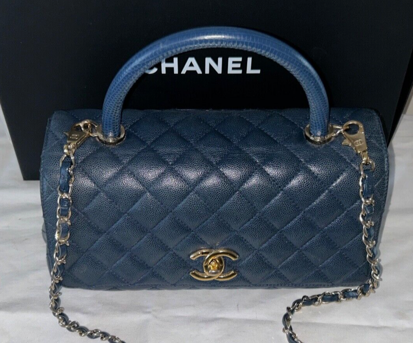 CHANEL 21A Quilted Caviar Coco Handle Flap Bag Lizard Embossed Navy/Gold HW