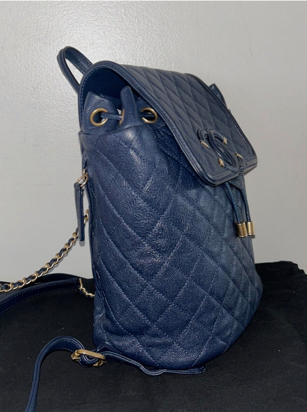 CHANEL Filigree Caviar Quilted Leather Backpack Navy