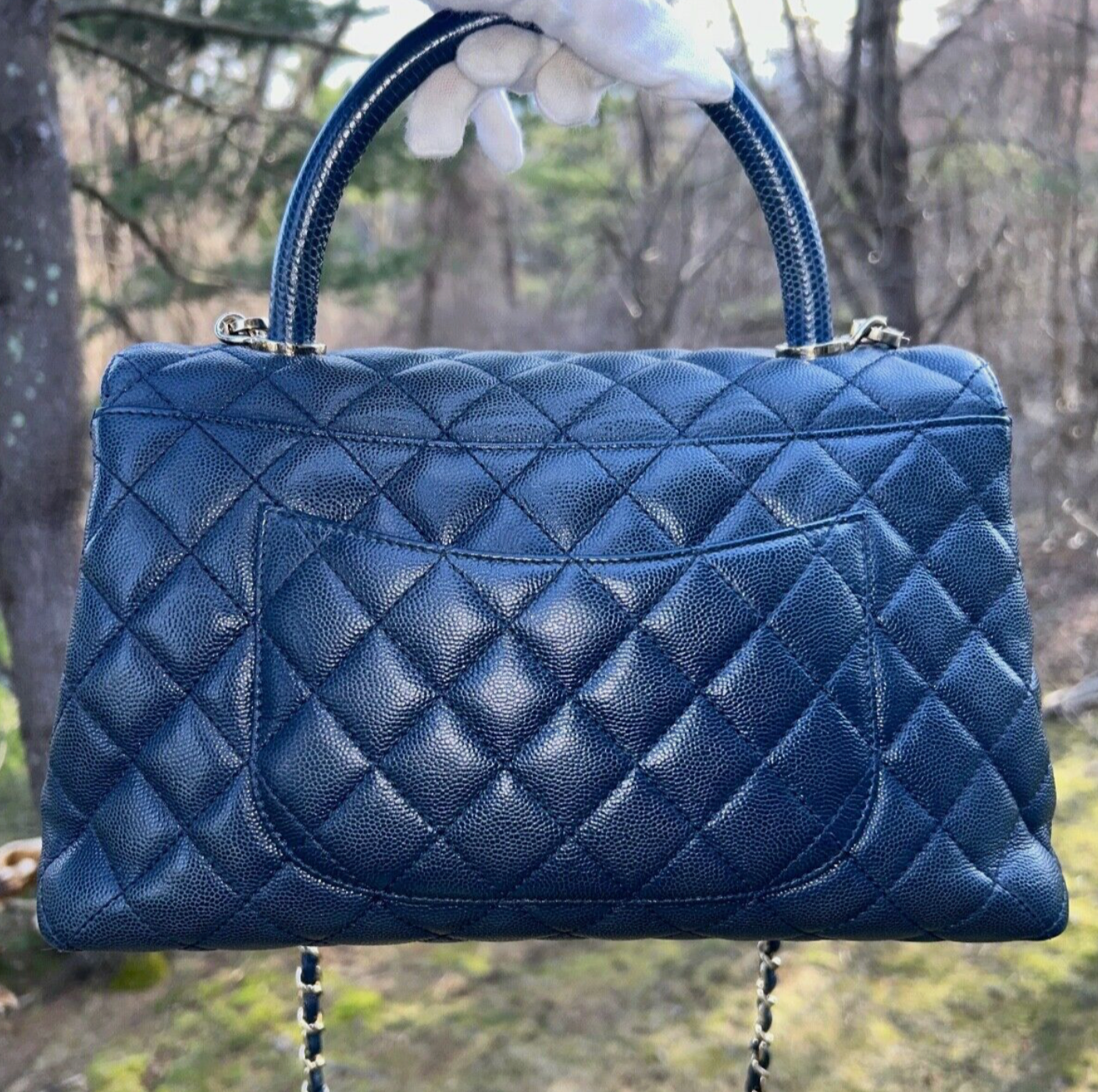 CHANEL 21A Quilted Caviar Coco Handle Flap Bag Lizard Embossed Navy/Gold HW