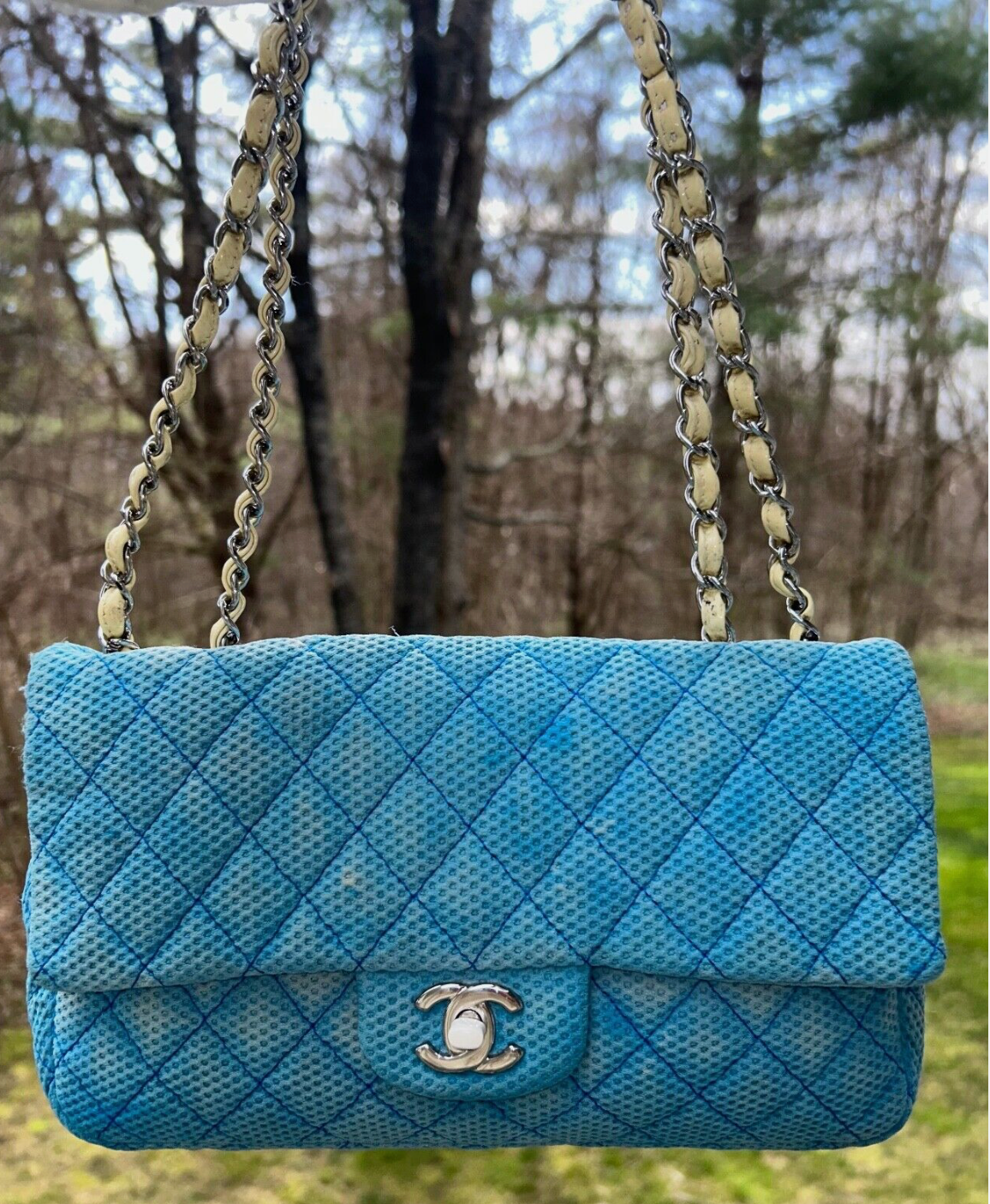 CHANEL Classic CC Quilted Medium Flap Shoulder Bag Jersey Sky Blue