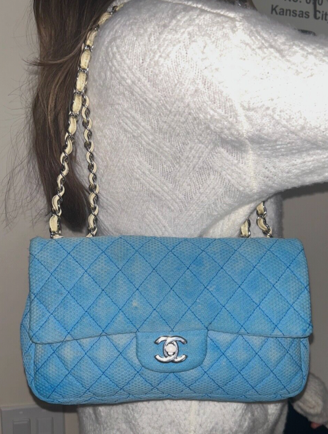 CHANEL Classic CC Quilted Medium Flap Shoulder Bag Jersey Sky Blue