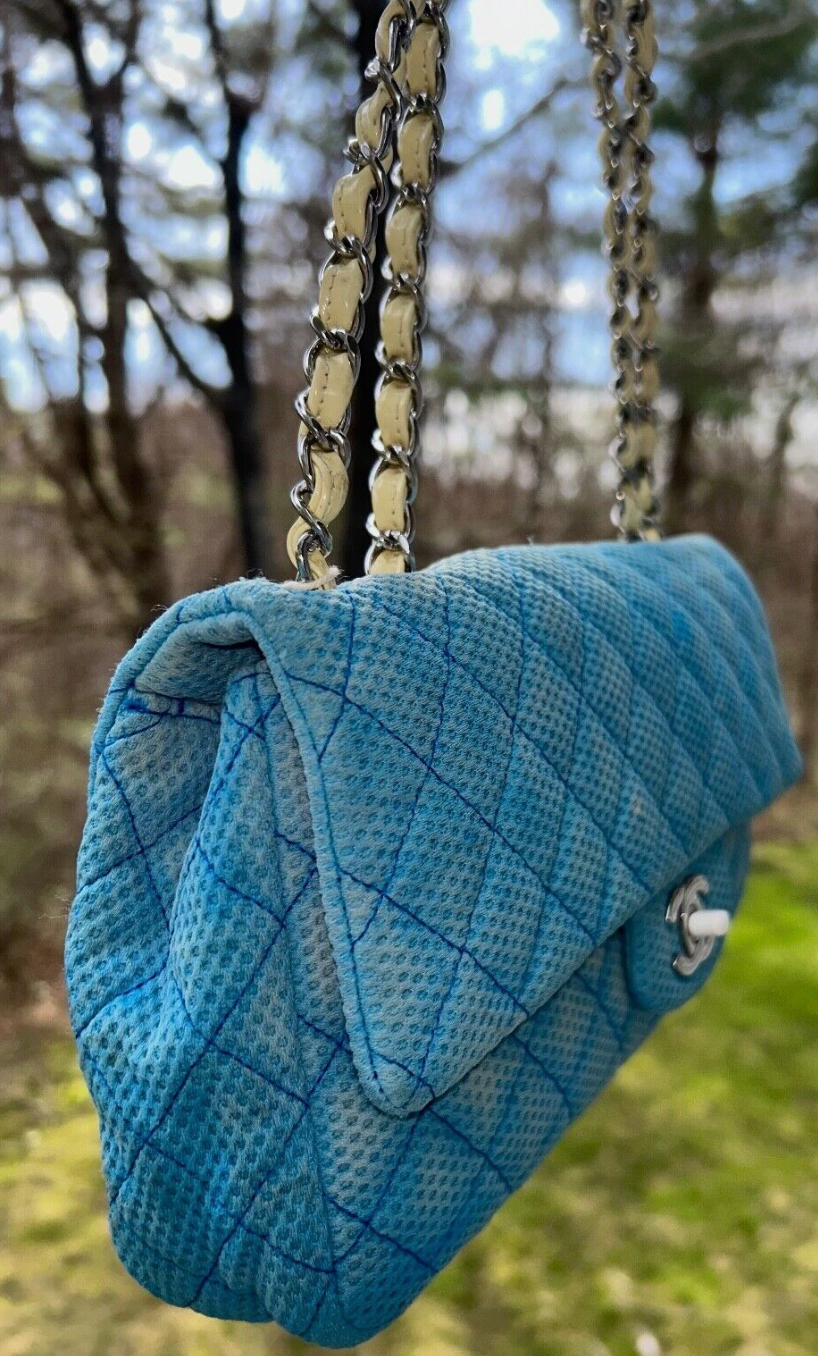 CHANEL Classic CC Quilted Medium Flap Shoulder Bag Jersey Sky Blue