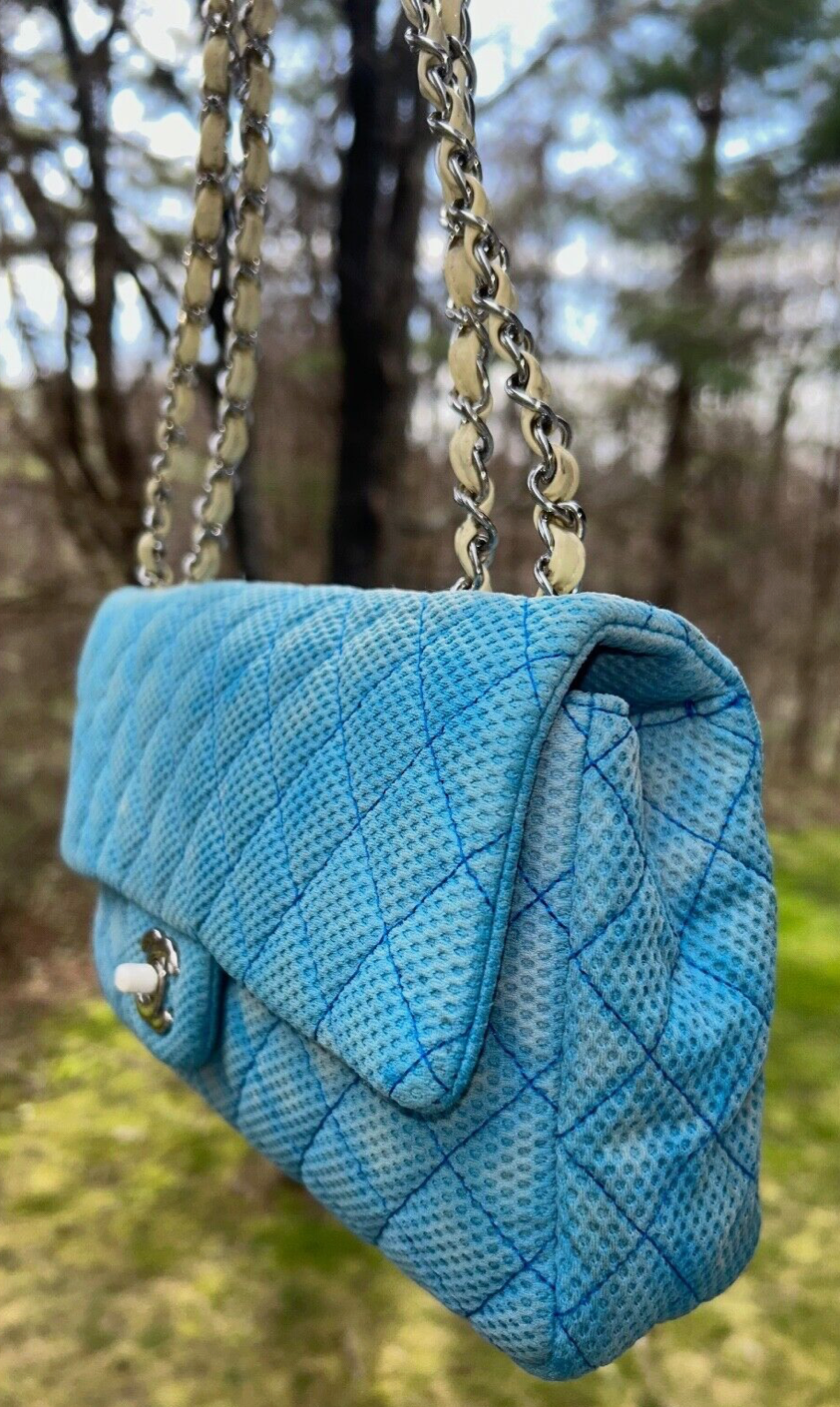 CHANEL Classic CC Quilted Medium Flap Shoulder Bag Jersey Sky Blue