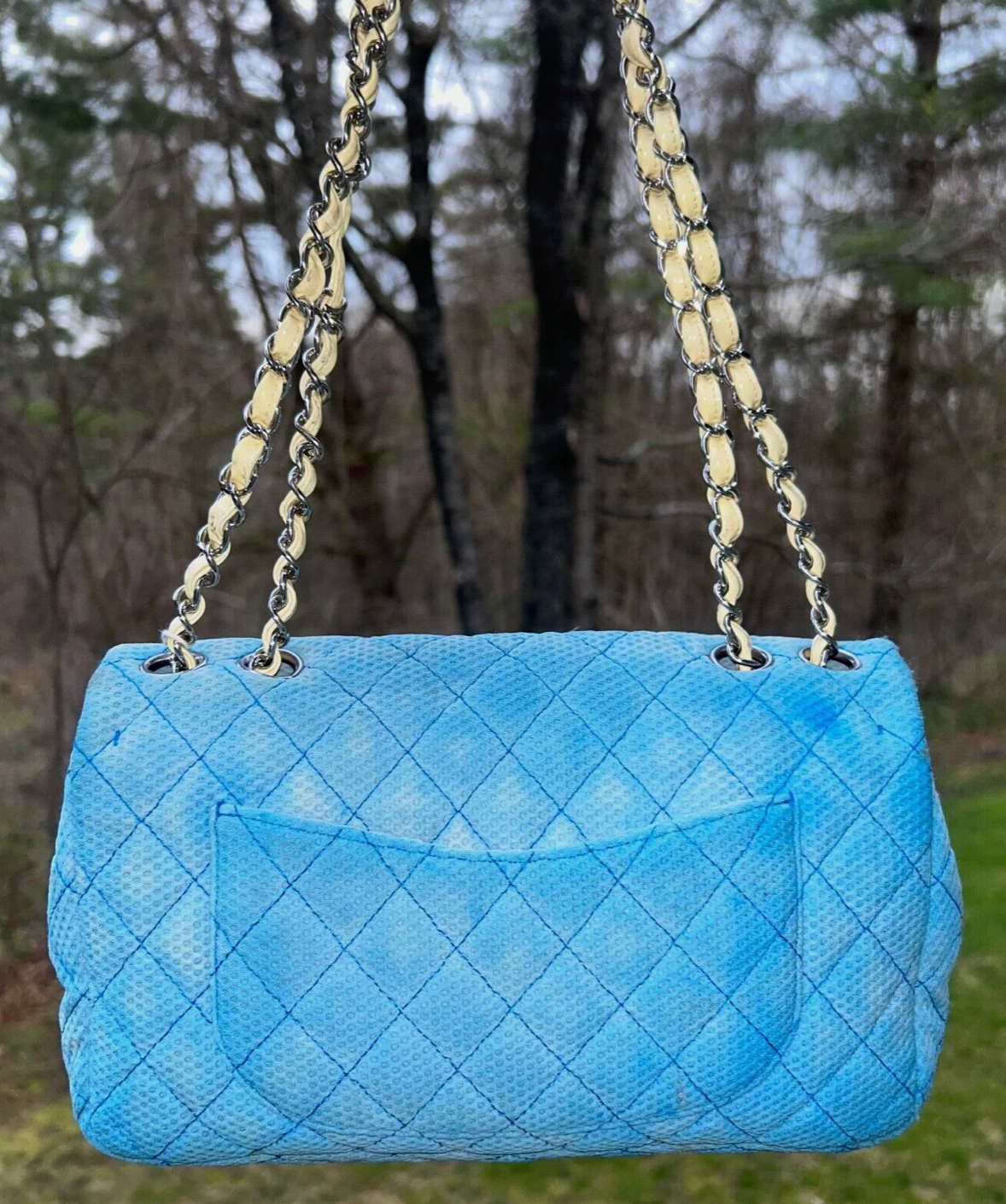 CHANEL Classic CC Quilted Medium Flap Shoulder Bag Jersey Sky Blue