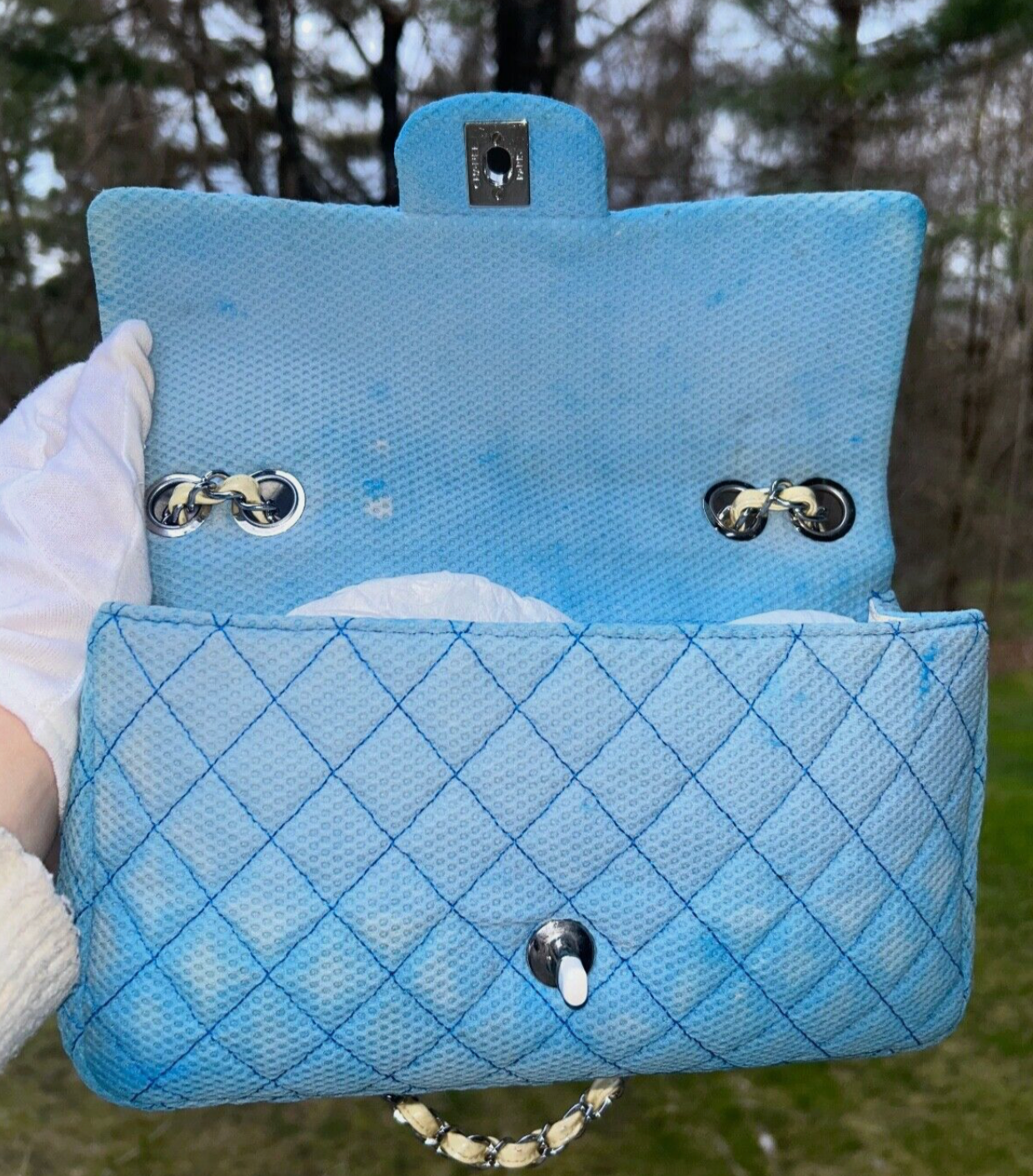 CHANEL Classic CC Quilted Medium Flap Shoulder Bag Jersey Sky Blue