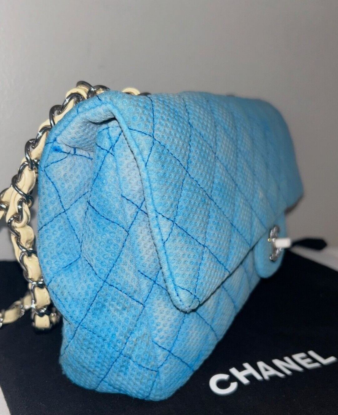 CHANEL Classic CC Quilted Medium Flap Shoulder Bag Jersey Sky Blue