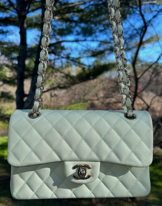 CHANEL 22C Small Classic Double Flap Caviar Handbag Mint/Light Gold HW