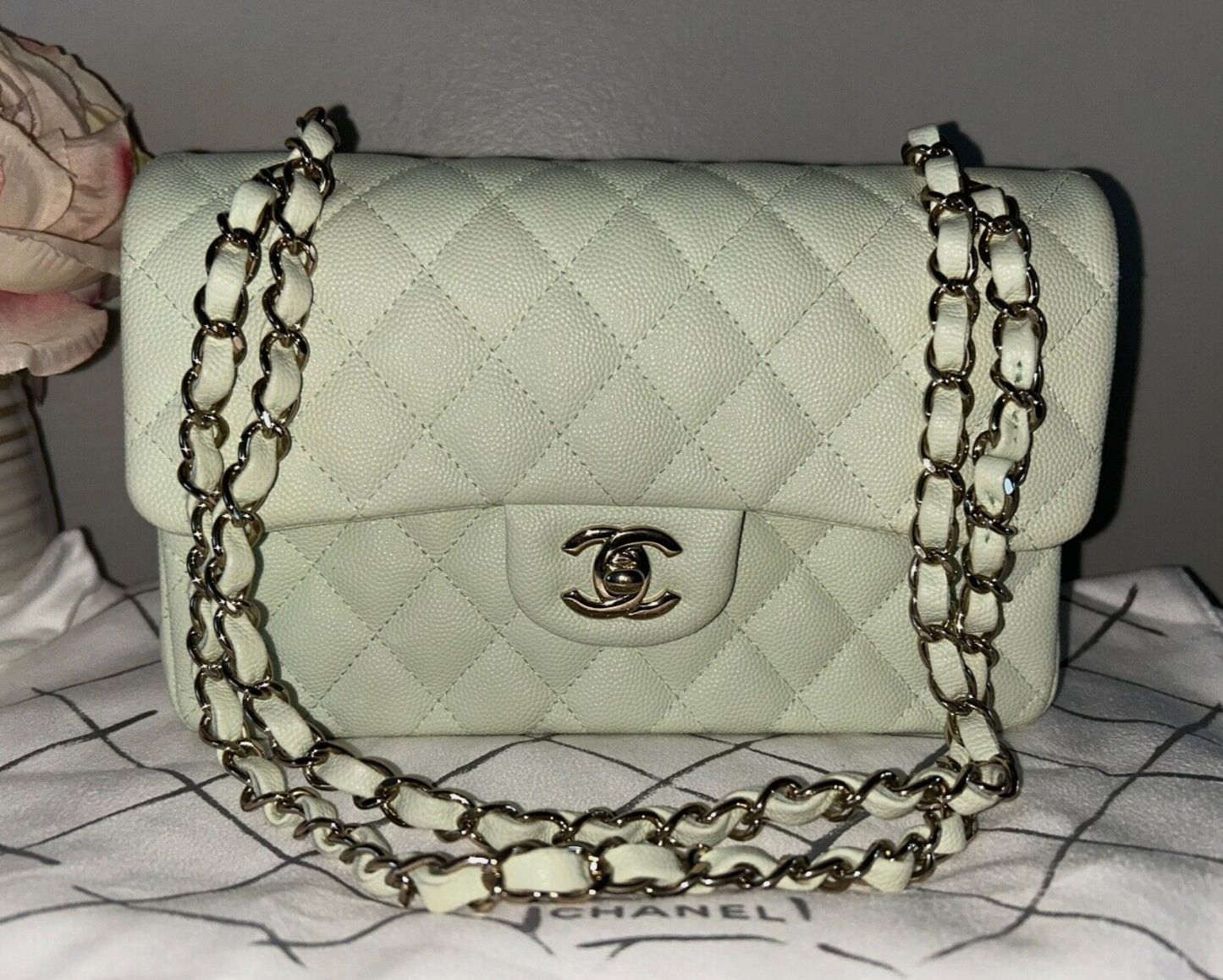 CHANEL 22C Small Classic Double Flap Caviar Handbag Mint/Light Gold HW