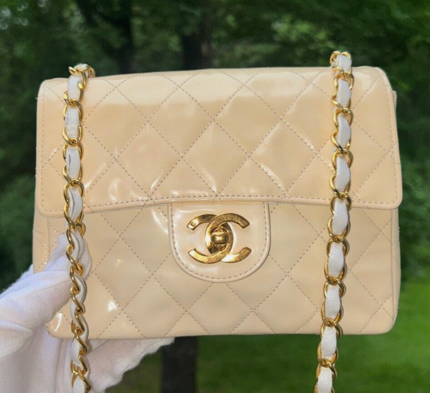 CHANEL Classic CC Half Flap Mini Quilted Patent Leather Crossbody Bag Cream