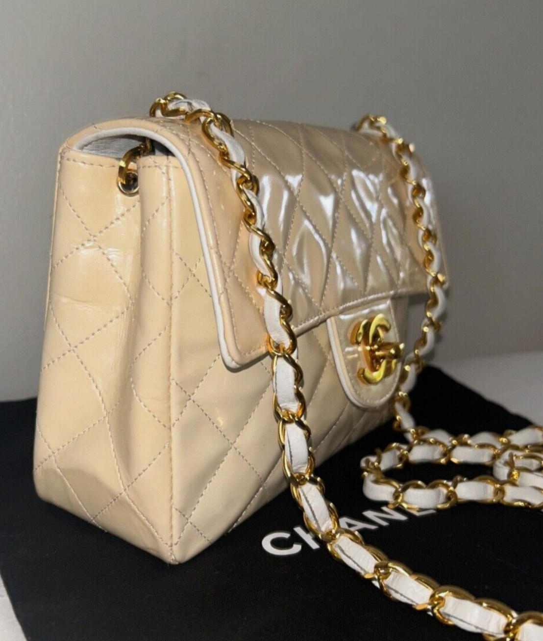 CHANEL Classic CC Half Flap Mini Quilted Patent Leather Crossbody Bag Cream